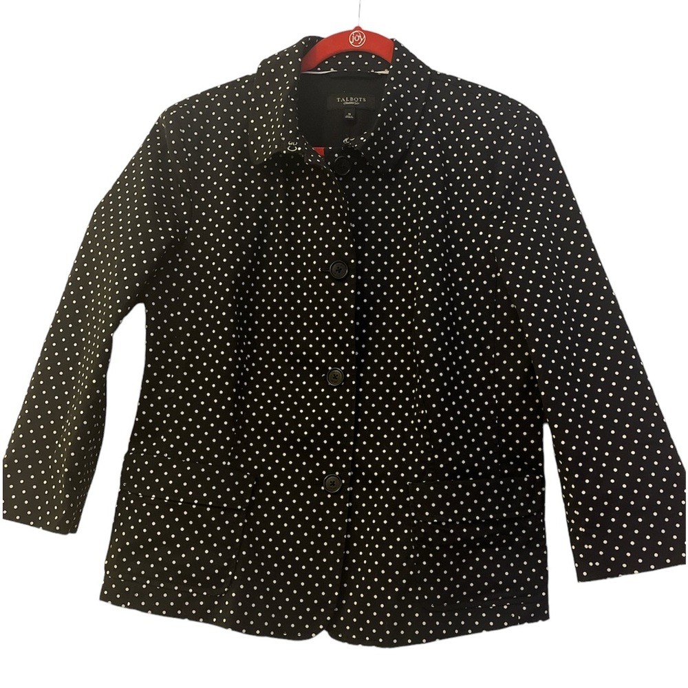 Talbots size 16 EUC black button up blazer w/white polka dots.  Front pockets.